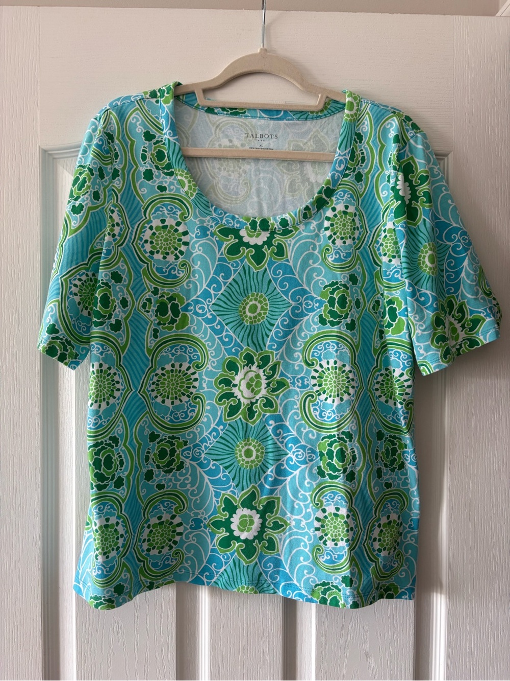 Talbots Blue & Green Floral Scoop Neck Women's Top